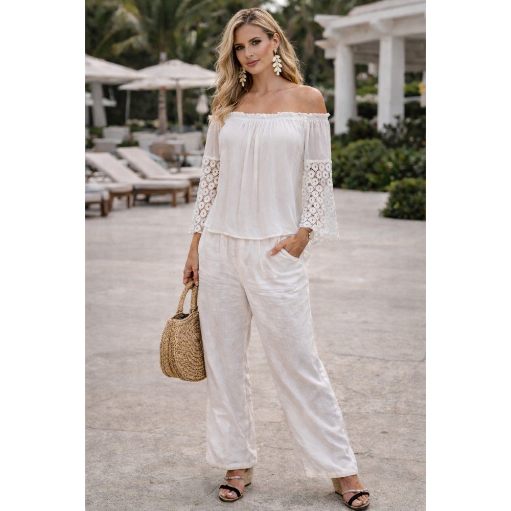 AquaVita Resort White Off Shoulder Top / Crochet Sequin Boho Blouse / One Size